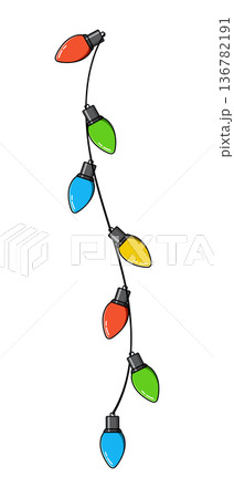 Bulbs on a string. Hanging light bulbs. Colorful light bulbs for decoration. Lights garland. Lights string decoration. Vector illustration 136782191
