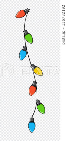 Bulbs on a string. Hanging light bulbs. Colorful light bulbs for decoration. Lights garland. Lights string decoration. Vector illustration 136782192