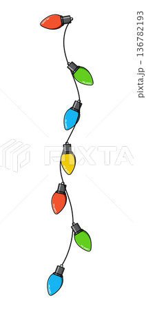 Bulbs on a string. Hanging light bulbs. Colorful light bulbs for decoration. Lights garland. Lights string decoration. Vector illustration Bulbs on a string. Hanging light bulbs. Colorful light bulbs for decoration. Lights garland. Lights string decoration. Vector illustration 136782193