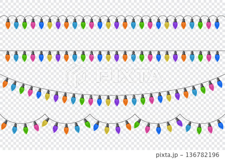 Set of bulbs on a string. Hanging light bulbs. Colorful light bulbs for decoration. Lights garland. Lights string decoration. Vector illustration 136782196