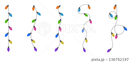 Set of bulbs on a string. Hanging light bulbs. Colorful light bulbs for decoration. Lights garland. Lights string decoration. Vector illustration Set of bulbs on a string. Hanging light bulbs. Colorful light bulbs for decoration. Lights garland. Lights string decoration. Vector illustration 136782197