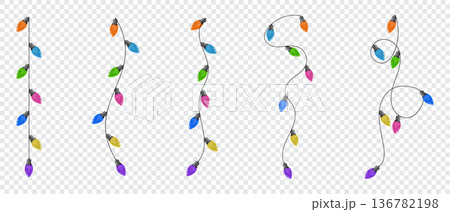Set of bulbs on a string. Hanging light bulbs. Colorful light bulbs for decoration. Lights garland. Lights string decoration. Vector illustration 136782198