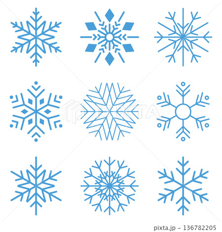Set blue snowflake icons. Snowflakes of various shapes. Snow icon. Winter decoration. Vector illustration Set blue snowflake icons. Snowflakes of various shapes. Snow icon. Winter decoration. Vector illustration 136782205