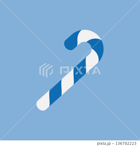 Candy cane with blue and white striped. Winter greeting card. Design element for greeting card. Vector illustration 136782223