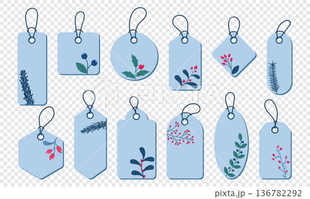 Gift winter tags. Gift tags with plants and florals. Sale promotion and gift card. Vector illustration Gift winter tags. Gift tags with plants and florals. Sale promotion and gift card. Vector illustration 136782292
