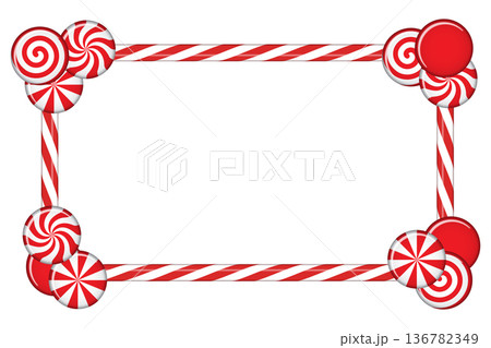 Candy cane frame with red and white striped. Border with striped candy lollipop pattern. Winter ornament decoration Candy cane frame with red and white striped. Border with striped candy lollipop pattern. Winter ornament decoration 136782349