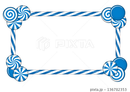 Candy cane frame with blue and white striped. Border with striped candy lollipop pattern. Winter ornament decoration 136782353