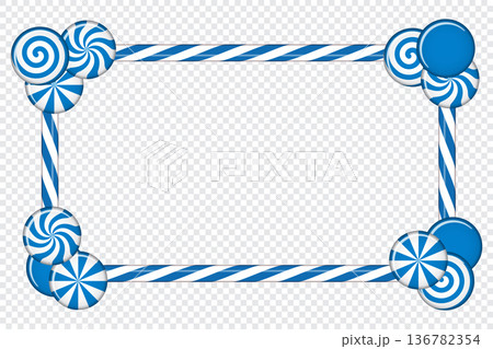 Candy cane frame with blue and white striped. Border with striped candy lollipop pattern. Winter ornament decoration 136782354