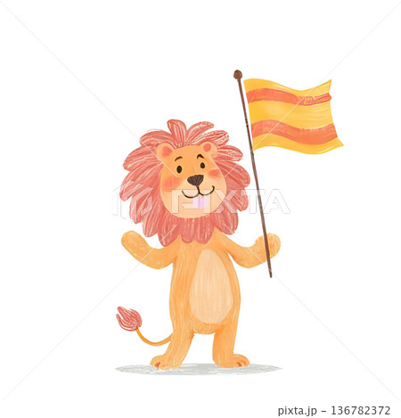 ライオンが旗を持って応援している 136782372