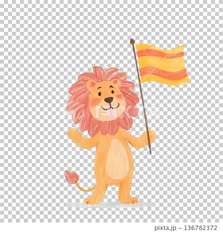 ライオンが旗を持って応援している 136782372