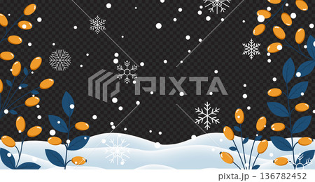 Winter background with branches and berries. Falling snow with snowflakes. Winter snowy background for banner, poster, wallpaper, greeting card, advertising Winter background with branches and berries. Falling snow with snowflakes. Winter snowy background for banner, poster, wallpaper, greeting card, advertising 136782452