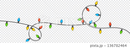Cute bulbs on a string. Hanging light bulbs. Colorful light bulbs for decoration. Lights garland. Lights string decoration. Vector illustration Cute bulbs on a string. Hanging light bulbs. Colorful light bulbs for decoration. Lights garland. Lights string decoration. Vector illustration 136782464