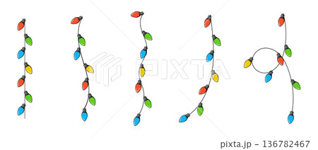 Set of bulbs on a string. Hanging light bulbs. Colorful light bulbs for decoration. Lights garland. Lights string decoration. Vector illustration 136782467