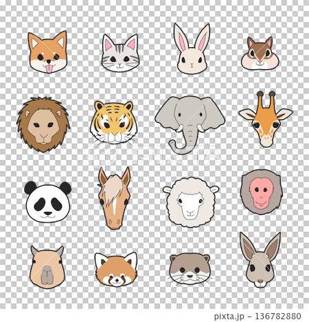 ゆるかわいい動物たちの顔セット 136782880