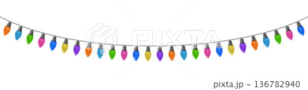 Bulbs on a string. Hanging light bulbs. Colorful light bulbs for decoration. Lights garland. Lights string decoration. Vector illustration Bulbs on a string. Hanging light bulbs. Colorful light bulbs for decoration. Lights garland. Lights string decoration. Vector illustration 136782940