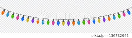Bulbs on a string. Hanging light bulbs. Colorful light bulbs for decoration. Lights garland. Lights string decoration. Vector illustration Bulbs on a string. Hanging light bulbs. Colorful light bulbs for decoration. Lights garland. Lights string decoration. Vector illustration 136782941