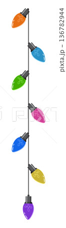Bulbs on a string. Hanging light bulbs. Colorful light bulbs for decoration. Lights garland. Lights string decoration. Vector illustration Bulbs on a string. Hanging light bulbs. Colorful light bulbs for decoration. Lights garland. Lights string decoration. Vector illustration 136782944