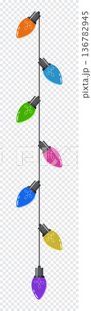 Bulbs on a string. Hanging light bulbs. Colorful light bulbs for decoration. Lights garland. Lights string decoration. Vector illustration 136782945