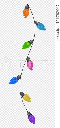 Bulbs on a string. Hanging light bulbs. Colorful light bulbs for decoration. Lights garland. Lights string decoration. Vector illustration Bulbs on a string. Hanging light bulbs. Colorful light bulbs for decoration. Lights garland. Lights string decoration. Vector illustration 136782947