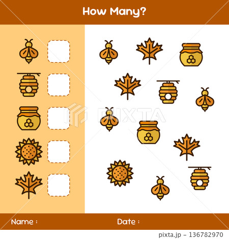 Count how many objects. Counting game with flowers, leaves, and bees. Educational mathematical game. Counting game for children. Kids activity sheet. Template for how many Count how many objects. Counting game with flowers, leaves, and bees. Educational mathematical game. Counting game for children. Kids activity sheet. Template for how many 136782970