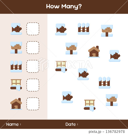 Count how many objects. Counting game on winter theme. Educational mathematical game. Counting game for children. Template for how many Count how many objects. Counting game on winter theme. Educational mathematical game. Counting game for children. Template for how many 136782978