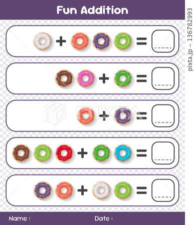 Game for children addition by counting donuts. Educational mathematical game. Addition game for children. Kids activity sheet. Template for addition 136782993