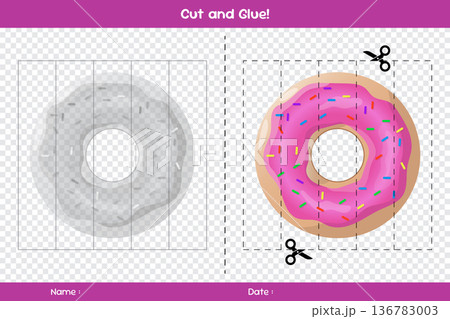 Cut and glue of donuts. Education paper game for kids. Glue game for kids. Educational children's game. Template for cut and glue 136783003