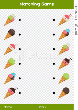 Match of ice creams. Connect the same ice creams. Matching educational game. Educational children's game. Kids activity sheet 136783019