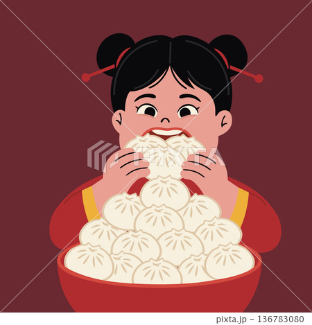 Cute vector illustration of a chinese girl happily enjoying a feast of steaming baozi (steamed buns), perfect for asian food culture and children's content Cute vector illustration of a chinese girl happily enjoying a feast of steaming baozi (steamed buns), perfect for asian food culture and children's content 136783080