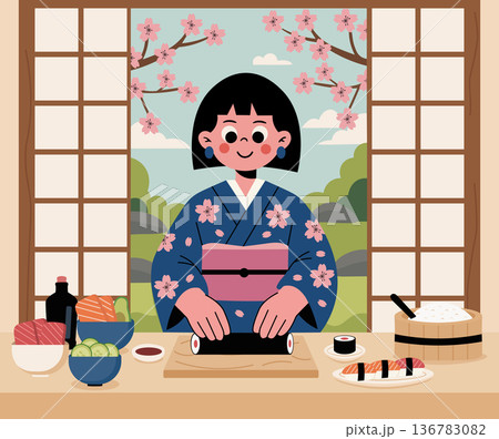 Japanese woman in traditional attire preparing sushi rolls with a beautiful view of cherry blossoms through the window, vector illustration 136783082