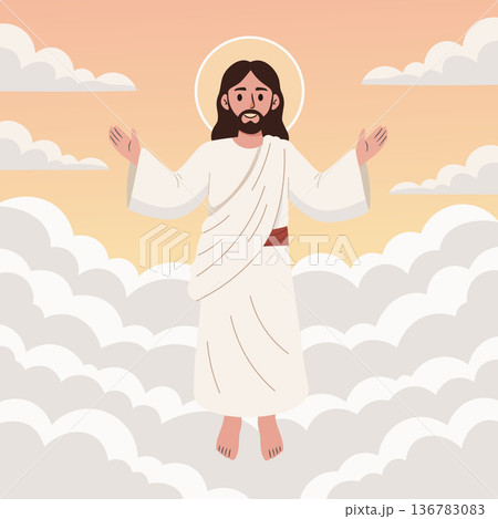 Majestic vector illustration of jesus christ floating in heavenly clouds with a glowing halo, representing faith, christianity, and divine presence 136783083