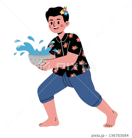 Joyful boy splashing water during songkran festival, vector illustration with traditional thai clothing and vibrant water droplets, perfect for cultural holiday themes Joyful boy splashing water during songkran festival, vector illustration with traditional thai clothing and vibrant water droplets, perfect for cultural holiday themes 136783084
