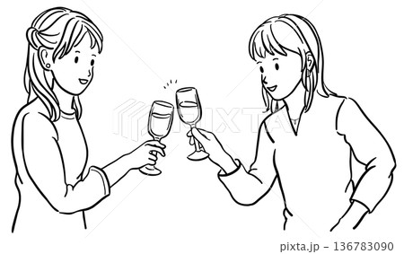 ワインで乾杯する若い女性のイラスト　線画 136783090