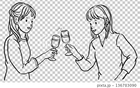 ワインで乾杯する若い女性のイラスト　線画 136783090