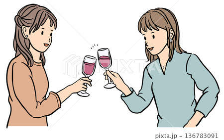 ワインで乾杯する若い女性のイラスト 136783091