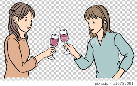 ワインで乾杯する若い女性のイラスト 136783091