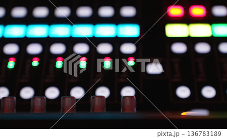 Mixing Console Closeup, Control Panel Out Of Focus. Studio Background, Audio Technology. Copy space 136783189