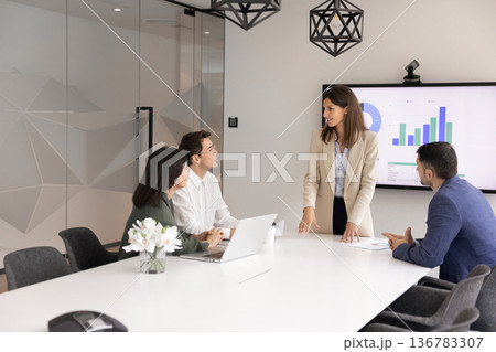 Middle-aged female boss, corporate trainer or executive lead meeting Middle-aged female boss, corporate trainer or executive lead meeting 136783307