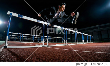 夜の競技場で障害を乗り越え飛躍するスーツ姿の男性のビジネスイメージ 136783489