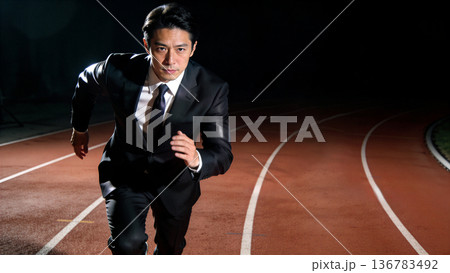 夜の競技場で障害を乗り越え全力で走るスーツ姿の男性のビジネスイメージ 136783492