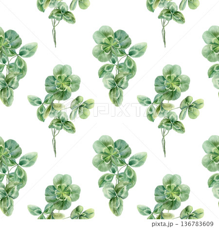 Seamless pattern of bouquet of clover leaves,symbolizing power of herbal medicine,womens health supplements.Watercolor textures for natural remedy branding,wellness blogs,supplement packaging Seamless pattern of bouquet of clover leaves,symbolizing power of herbal medicine,womens health supplements.Watercolor textures for natural remedy branding,wellness blogs,supplement packaging 136783609