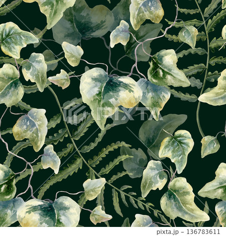 Fern leaves and winding ivy branches in seamless pattern,evoking an enchanted forest and untouched nature.Hand drawn watercolor for eco branding,fairytale themes,Celtic inspired decor,summer textiles 136783611