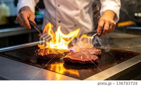 A skilled chef works over the intense heat of a kitchen forge, preparing meat over a burning coal flame where the craft of a blacksmith meets the industry of a professional grill 136783728