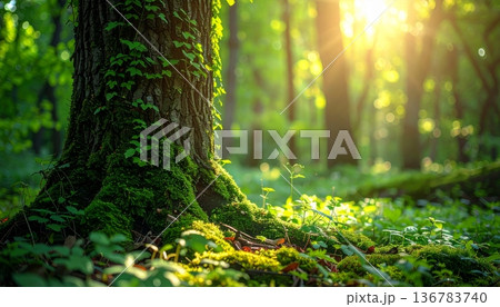 Sunlight filters through the old green forest trees as warm rays shine onto the mossy wood path and lush summer foliage in this natural woodland landscape 136783740