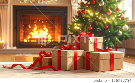 A festive Christmas tree stands adorned with red and gold ornaments and a ribbon bow, surrounded by a celebration of holiday gift boxes and presents for the New Year winter season 136783754