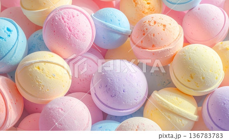 A festive collection of colorful Easter eggs and sweet candy decorations rests on a plate and in a bowl as a traditional spring holiday symbol of this seasonal celebration 136783783