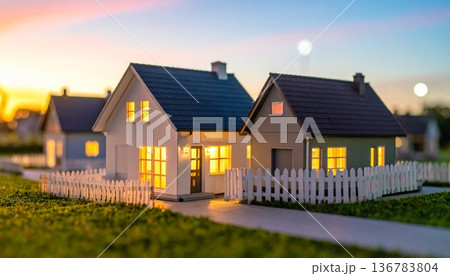 New residential architecture features a modern house on the hill with a wood exterior and brick chimney reflecting the warm sunset sky New residential architecture features a modern house on the hill with a wood exterior and brick chimney reflecting the warm sunset sky 136783804