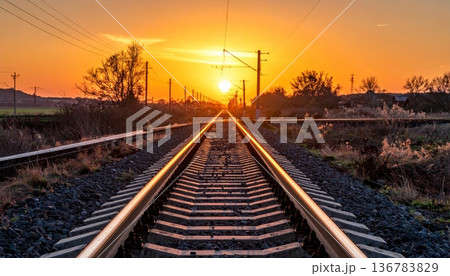 A long perspective of the steel railway tracks stretching toward the horizon under a golden sunset sky creates a scenic landscape for a tranquil travel journey along the iron rail path 136783829