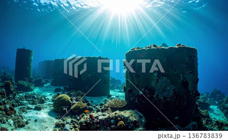 A scuba diver explores a vibrant tropical coral reef deep in the Caribbean ocean, capturing a majestic underwater scene filled with marine life and aquatic adventure 136783839