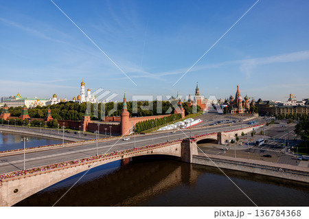 Majestic view of Moscow's Kremlin and bridges on a clear sunny day Majestic view of Moscow's Kremlin and bridges on a clear sunny day 136784368